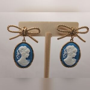 Cameo and Bow Drop Earrings in Wedgewood Blue